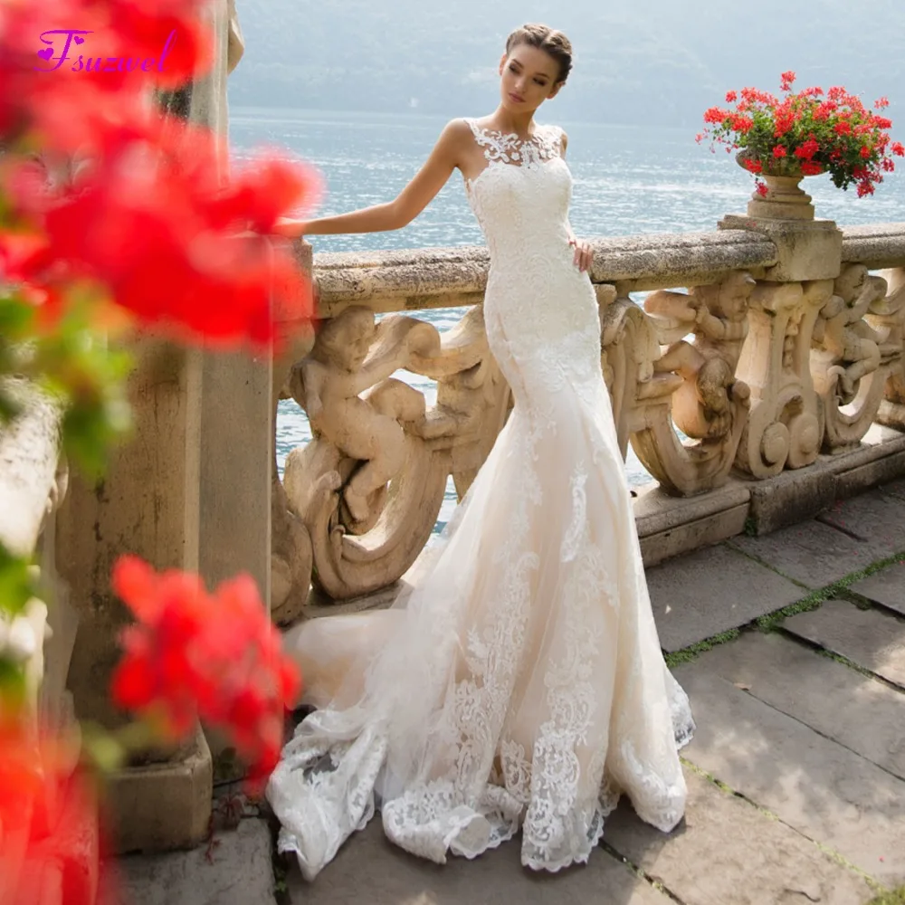 

Glamorous Appliques Court Train Mermaid Wedding Dress 2019 Sexy Scoop Neck Robe De Mariage Princess Bride Gown Vestido de Noiva