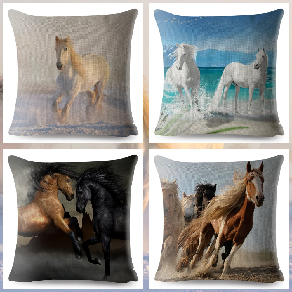 Decoration Animal Running Horse Print Throw Pillow Cover 45*45cm Square Cushion Covers Linen Pillows Cases Sofa Home Pillow Case