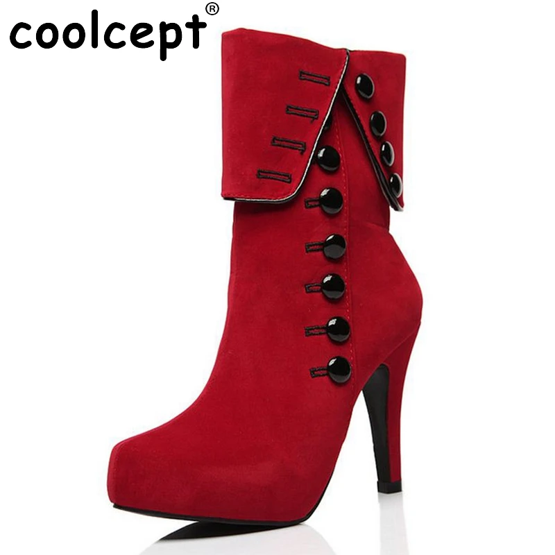 Women Mid Calf Boots Heels 2016 Winter Botas Red High Heel Shoes