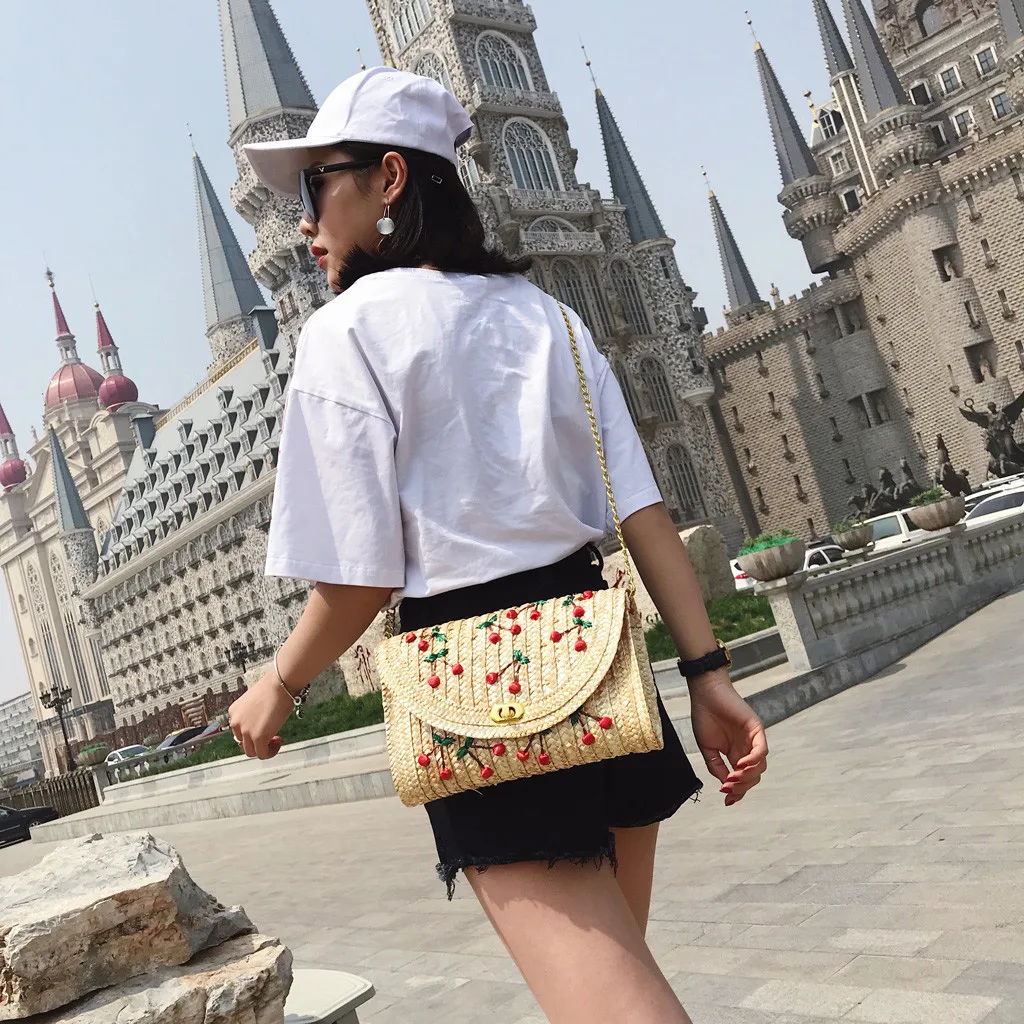 

Embroidered Straw Shoulder Bags Hand Woven Cherry Messenger Casual Bags Fruit Hasp Satchels Cherry straw diagonal package June11