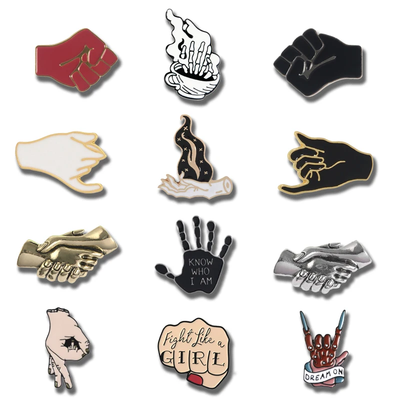 

Punk Skeleton Hand Pins and Brooches Metal OK Fist Handshake Large Enamel Pin Badges Various gestures Jewelry for women men Gift