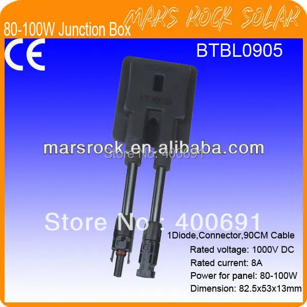 

80-100W Solar Panel Junction Box with 1 Diode (10A), MC4 Connector, 90CM Length Diameter 2.5mm2 Cable