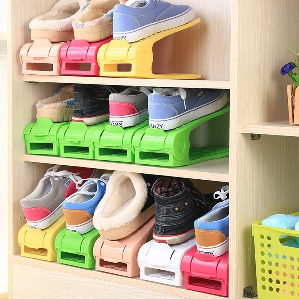 Plastic Shoes Storage Rack Double Adjustable Cleaning Save Space Shoe
