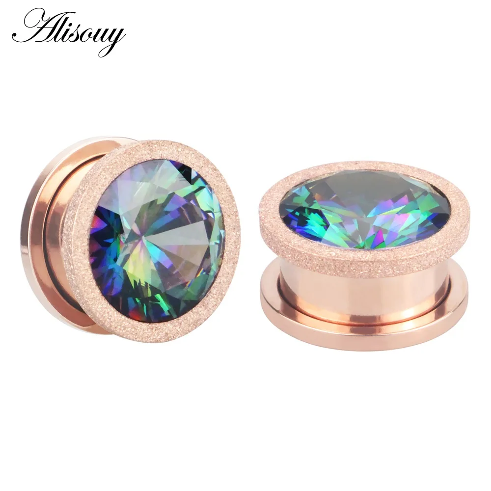 Alisouy 2pc Stainless Steel Top Quality Crystal Zircon Ear Tunnels Plug Screw Fit Colorful Ear Flesh Gauge Ear Expanders Jewelry - Окраска металла: E Rose Gold-Colorful