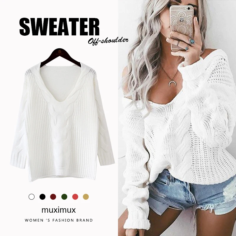 

2018 Autumn Women Sweater Winter Off Shoulder Long Sleeve Solid Sweater Casual Female Pullover Streetwear Jumper