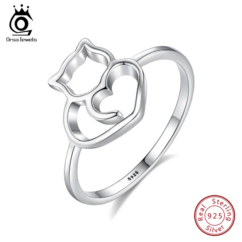 ORSA JEWELS 925 Sterling Silver Women Finger Rings Cute Hollowed Cat Shape Ring Girl Silver Color Female Party Jewelry PSR62