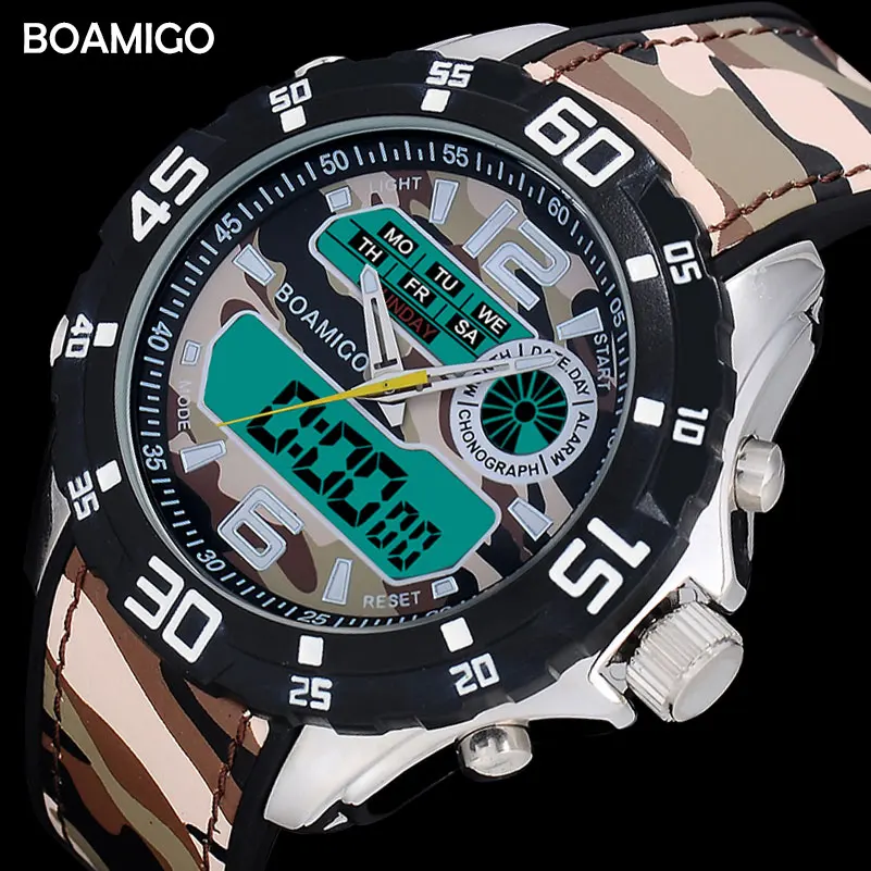 Мужские спортивные часы BOAMIGO, Брендовые мужские военные часы с двойным дисплеем, цифровые аналоговые светодиодный наручные часы, мужские Кварцевые водонепроницаемые часы 30 м