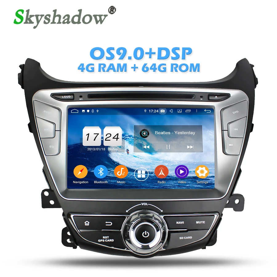 Perfect IPS DSP Android 9.0 4GB+64GB+8Core Car DVD Player Wifi 4G Bluetooth RADIO GPS Map For 2014-2016 Hyundai Elantra HD Touchscreen 0