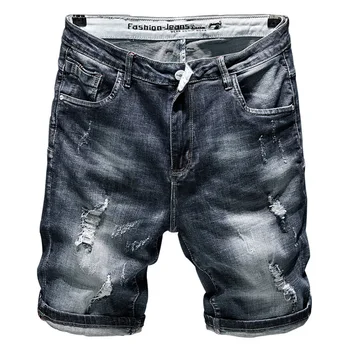 

Denim Shorts for Men Casual Vintage Ripped Hole Bottoms Male Cotton Slim Fashion Distressed Jeans Mid Waist Shorts AA11398