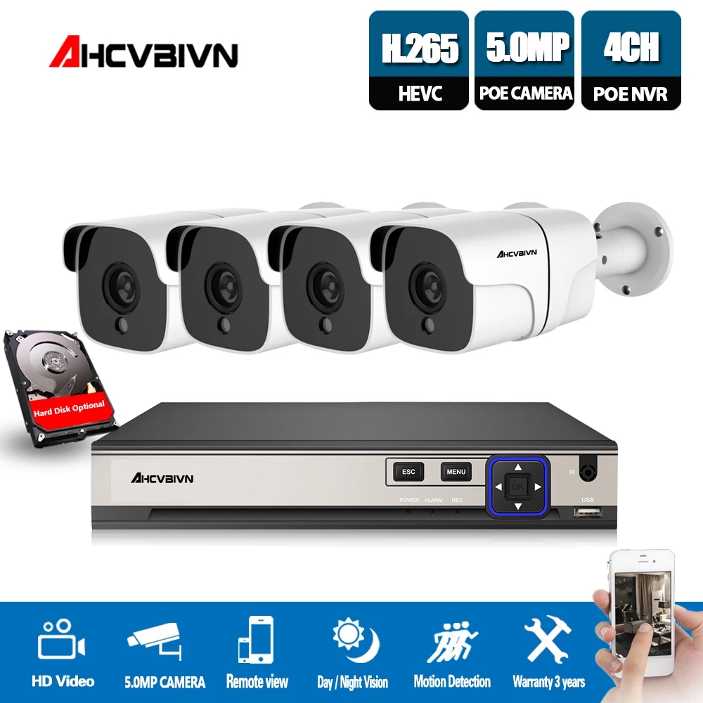 

H.265 4CH 5MP POE CCTV NVR system 4Pcs 5MP IP67 WaterProof security In/Outdoor POE IP camera Video Surveillance Kit P2P