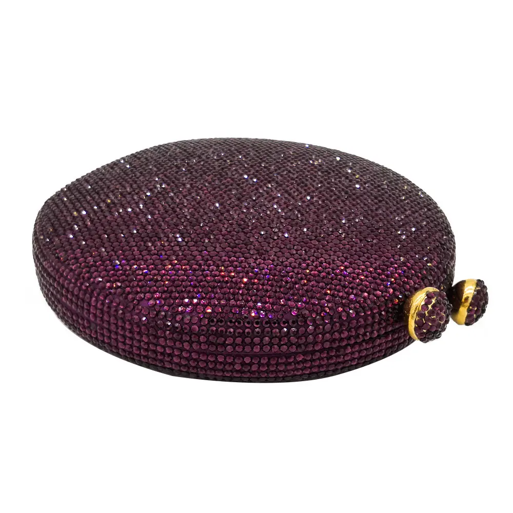 Double Flower Kiss Clasp Round Circular Women Purple Crystal Clutch Evening Handbags Hard Case Wedding Cocktail Diamond Bag