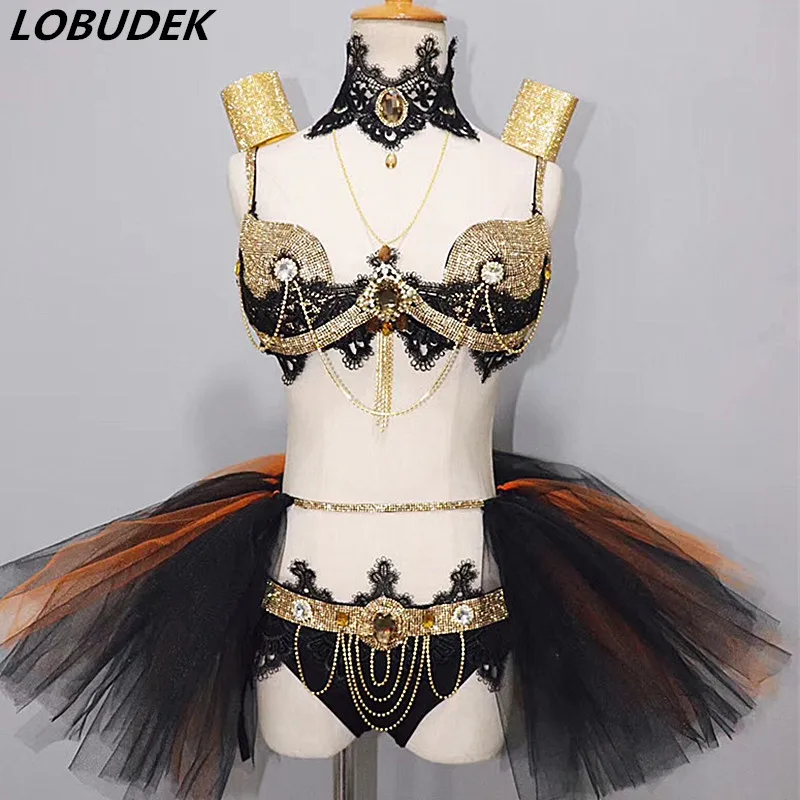 Bar Music Party Prestaties Outfit Sexy Gouden Zwarte Steentjes Bikini Mini Rok Nachtclub DJ Zanger Dance Wear Sexy Podium Draagt Bar Music Party Prestaties Outfit Sexy Gouden Zwarte Steentjes Bikini Mini Rok Nachtclub DJ Zanger Dance Wear Sexy Podium Draagt