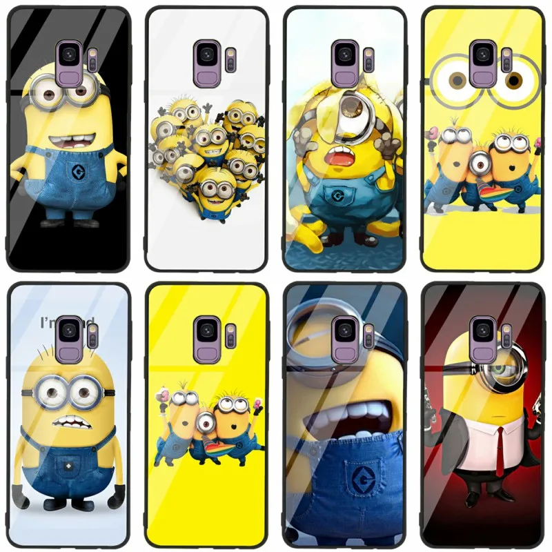 

Tempered Glass Phone Case For Samsung Galaxy S8 S9 S10 PLUS A6 A6S A8 A8S J6 J8 2018 NOTE 8 9 Cute Minions