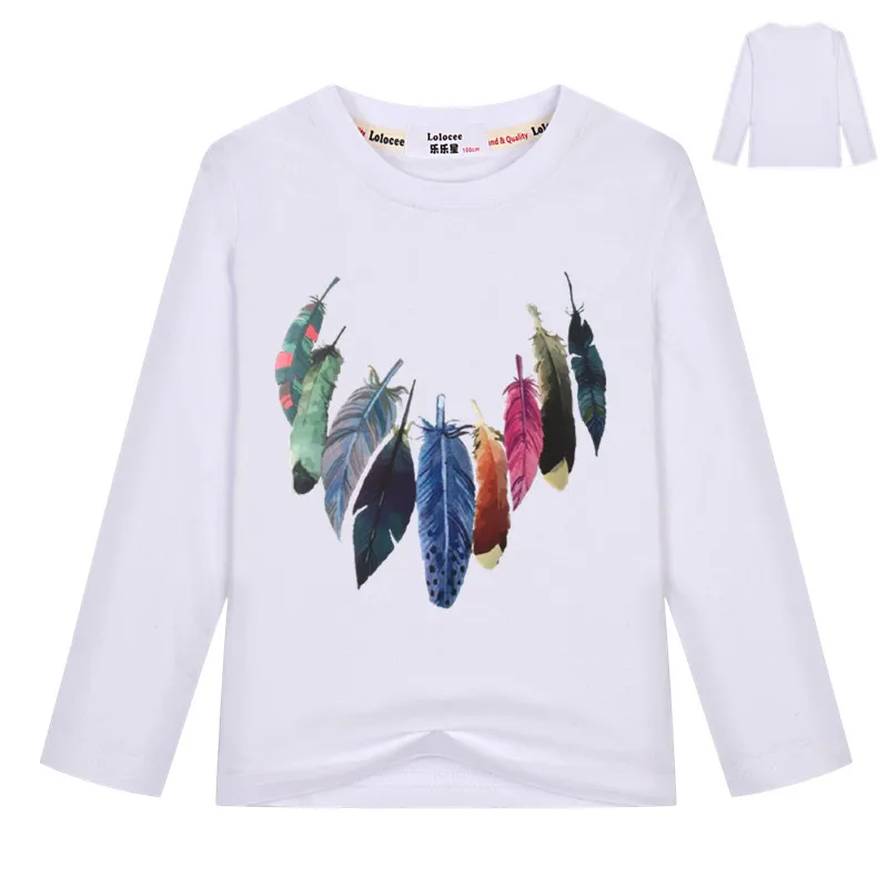 

Fashion Colorful Feather printing t shirt Kids 2018 new American & European Vogue design Girls Top Tees Children Cotton Clothing