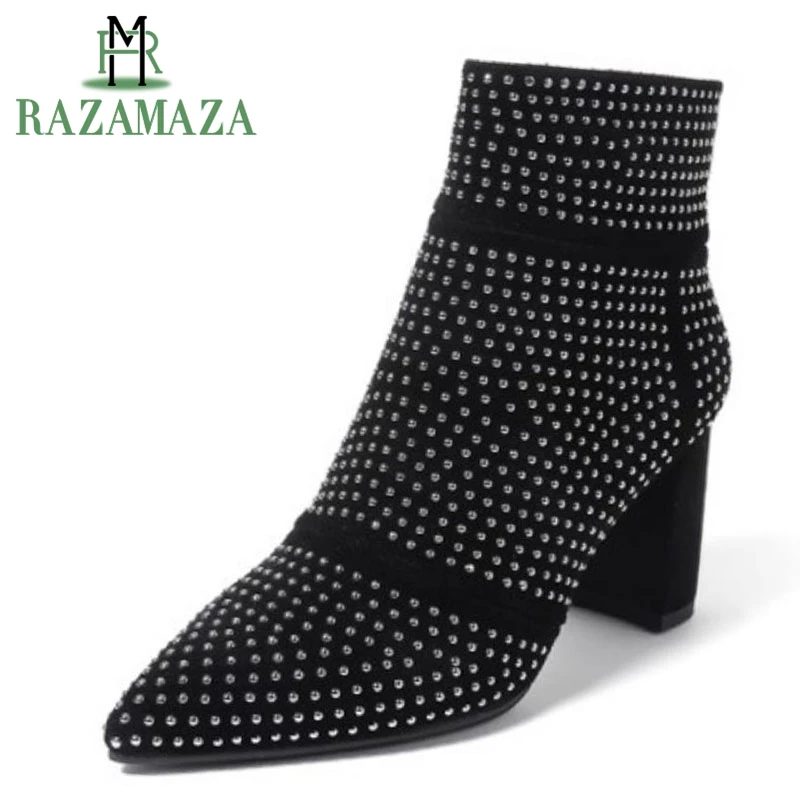 

RAZAMAZA Fashion Autumn Shoes Women Real Leather Thick High Heel Ankle Boots For Women Pointed Toe Rivets Zip Booties Size 33-43