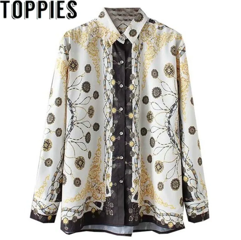 Ceny 2018 Jesień Długie Rękawy Kobiety Łańcuch Wydrukowano Bluzka Retro Vintage Eleganckie Koszule Jesień Topy