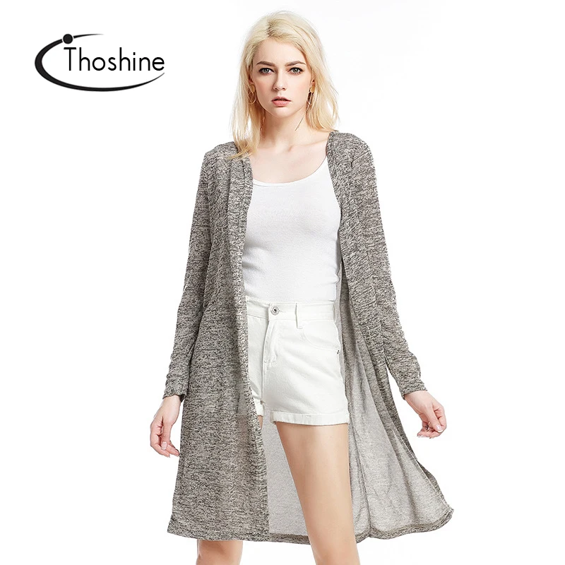 

Thoshine Brand Spring Fall Women Knitted Thin Sweaters Mixed Color Cardigan Female Knitting Jumper Open Stitch Long Outwear Coat