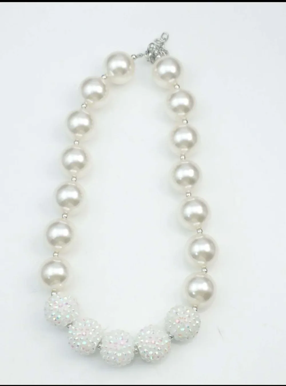 

20mm White Rhinestone Cream White Pearl Beads Chunky Bubblegum Necklace for Girl First Birthday Party Necklace