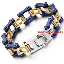 8.66″*16mm Men Jewelry Cool Blue Stainless Steel Silver Gold Bracelets Biker Bicycle Motorcycle Chain Men’s Bracelet Accessories