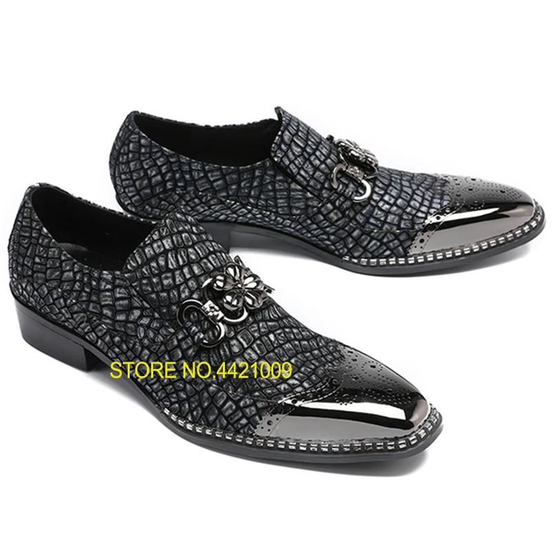 

2018 Metal Flower Genuine Leather Dress Shoes Men Metal Square Toe Slip on Oxfords Mens Italian Shoes Zapatos Hombre