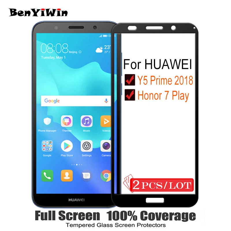 2 шт. 100% оригинальное закаленное стекло с полным покрытием для Huawei Y5 Prime 2018 9H