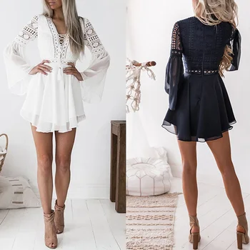 

Sexy Solid Color Flare Sleeve Summer Dress Hollow Out Fashion Dresses