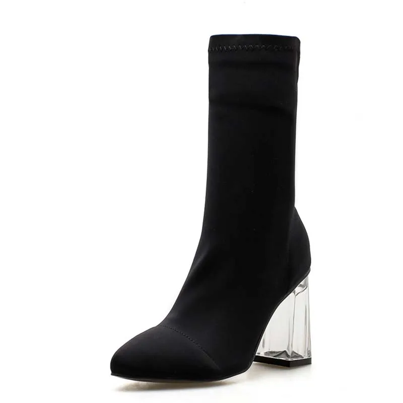

2019 New Elastic Boot Crystal heel Boots High Heel Pointed Toe socks Boots Women Spring Female Thicktransparent Women Shoes