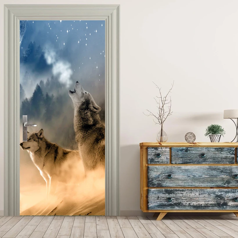 

Free shipping DIY Wolf roar Door Sticker for Bedroom Living Room Poster PVC Waterproof Decal door wrap 77*200cm