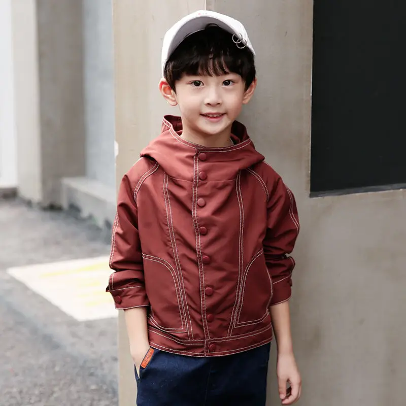 INS/Популярные уличные куртки для мальчиков куртка в Корейском стиле на осень и весну для детей от 4 до 13 лет однотонное классическое Детское пальто с капюшоном и вышивкой - Цвет: coffee