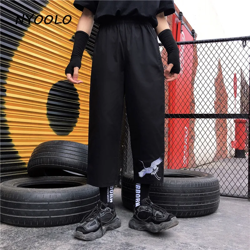 NYOOLO Harajuku дизайн кран вышивка высокая талия лодыжки длина брюки летние эластичные талии прямые брюки для женщин мужчин Уличная одежда