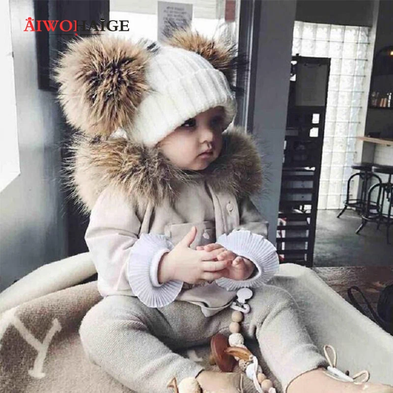 New Two Raccoon Fur pom poms Knit Beanie Hat Solid Color High Quality Winter Hat Boy Girl Thicken Hedging Cap Warm Baby Kids