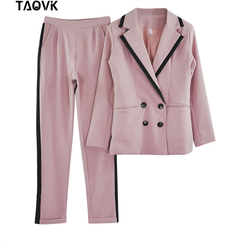TAOVK рабочие брючные костюмы OL комплект из 2 предметов для Женщин Colorblock воротник двубортный блейзер и прямые брюки офисный женский костюм - Цвет: Pink