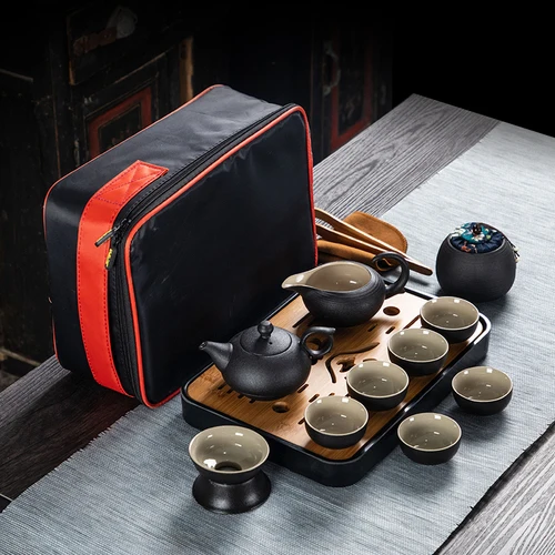 Chinese Style Ceramics Black Kung Fu Tea Set Suit One Teapot and Six Cups Carrying Case Travel Tea Set - Цвет: C
