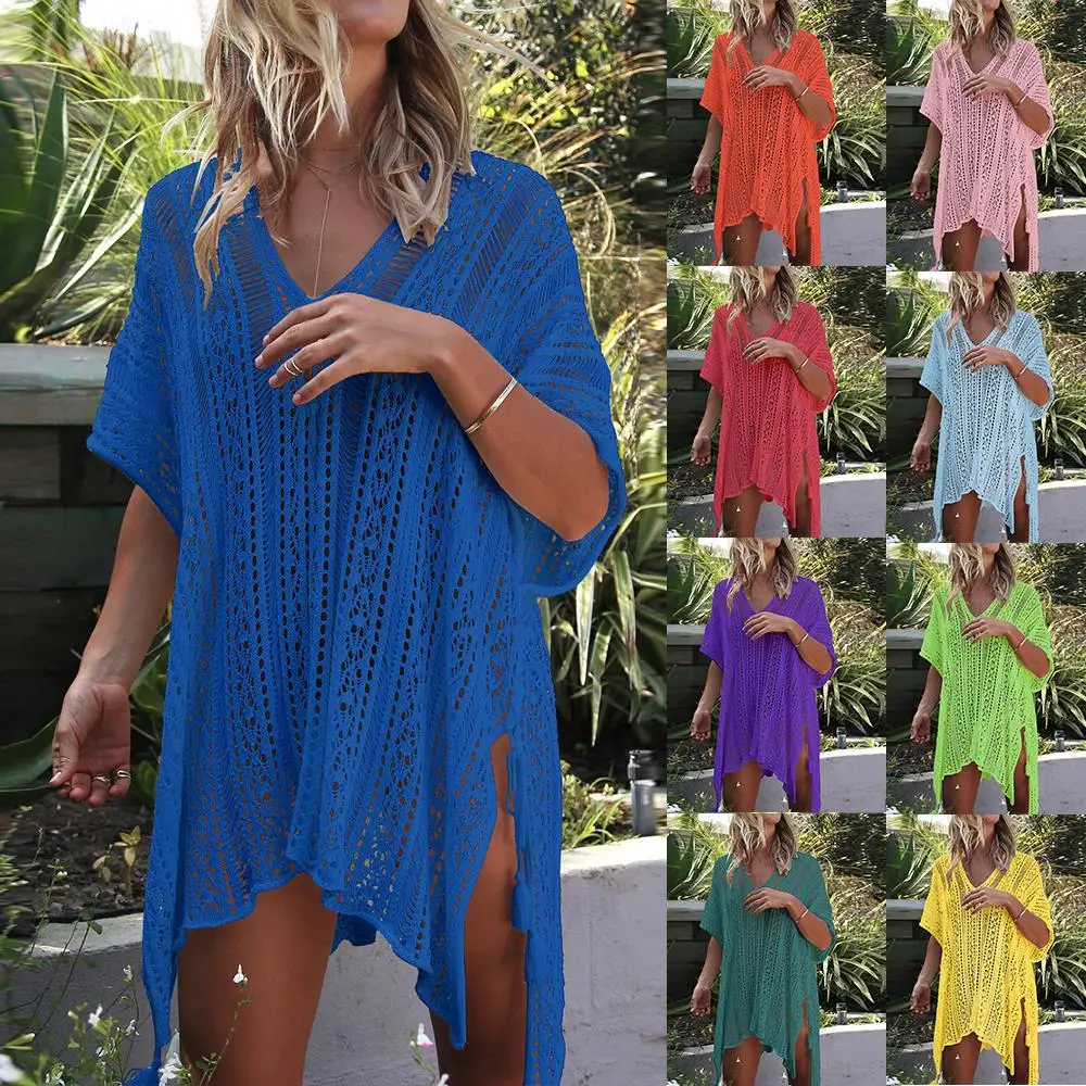 

21 colors Sexy Crochet White Knitted Beach Bikini Cover UP dress Tunic Long Pareos Swimsuit Dress Cover Robe Beachwear Solid