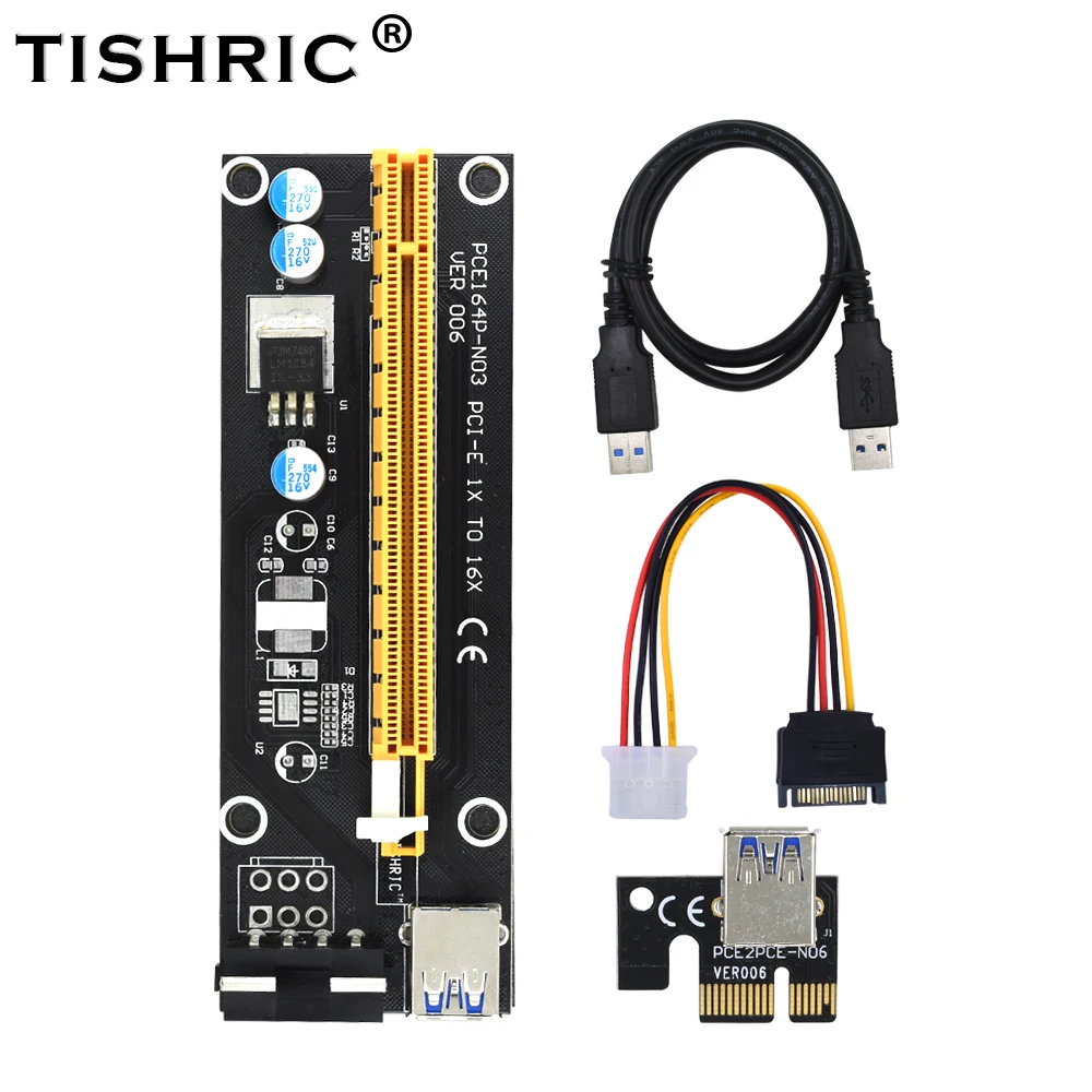 Удлинитель PCI E TISHRIC черная Райзер карта с 1x на 16x USB 3 0 SATA 4Pin IDE Molex Power для майнинга BTC