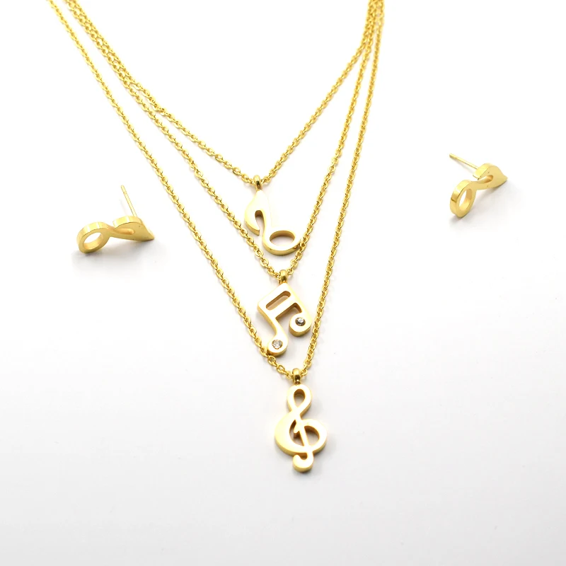 

wholesale drop shippimg charm Necklace earring Gold Stainless Steel Party Gift,Eiffel music label 3 chain Necklace Set