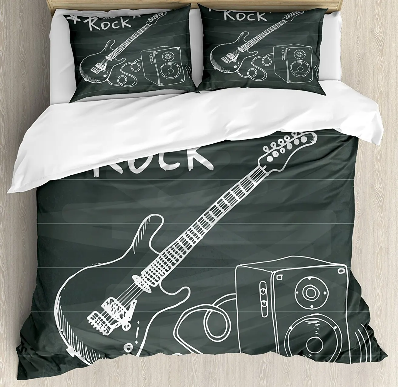 

Guitar Duvet Cover Set, Love The Rock Music Themed Sketch Art Sound Box and Text on Chalkboard, 4 Piece Bedding Set