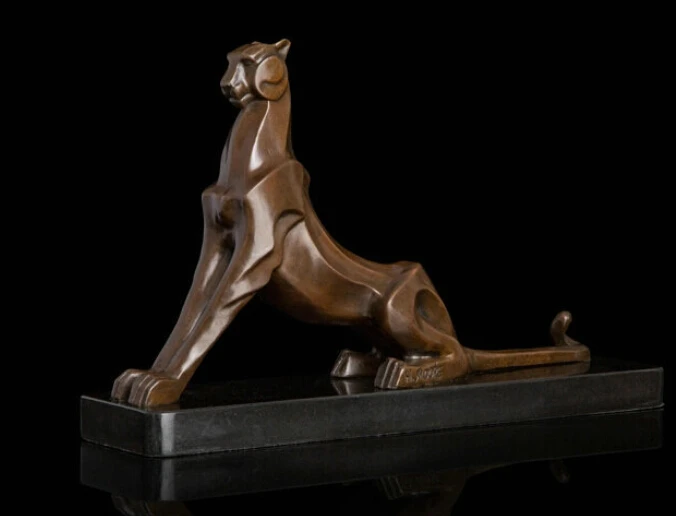 Art Deco Sculpture Jaguar Leopard Abstract Animal Bronze Statue Signed