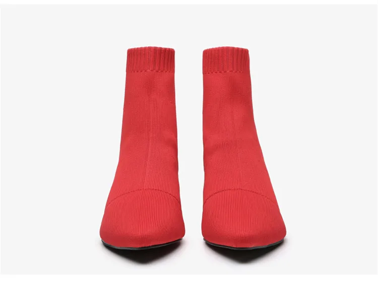 Женские полусапожки из эластичной ткани красного цвета; пикантные женские ботильоны с острым носком; черные ботинки на высоком массивном каблуке 5 см; Botas Mujer