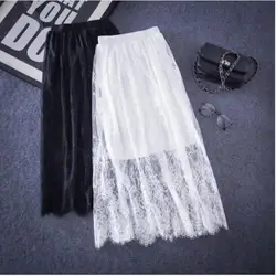 Для женщин плиссированная летняя юбка из тонкой сетки кружевная юбка с тюлем Jupe Jemme Белый Черный Высокая талия юбка пикантные открытые