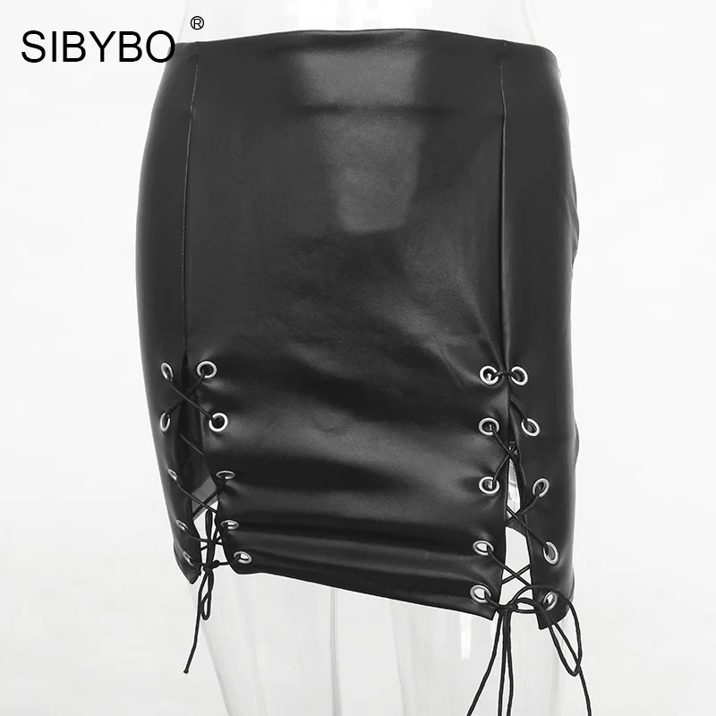 SIBYSO черная юбка-карандаш с перекрещивающимися крест-накрест, женская элегантная мини-юбка из искусственной кожи с высокой талией, сексуальная короткая облегающая юбка на молнии - Цвет: Черный