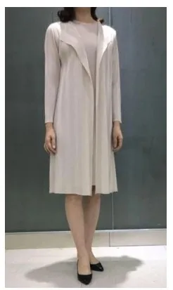 Miyake vouwen Herfst bronzing gestreepte tweedelige set geplooide lange mouwen Windbreaker + grote schommel korte mouw jurk IN VOORRAAD