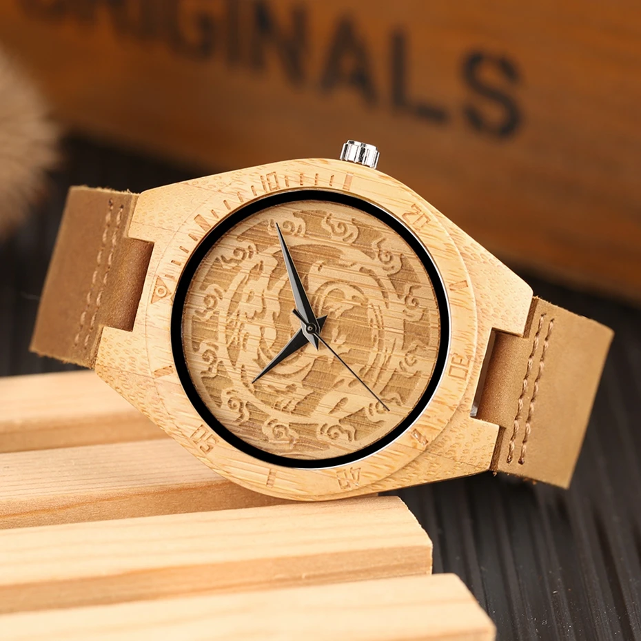 Creative Dragon Carving Wood Watch Men Simple Wooden Watches Analog Quartz Clock Male Genuine Leather WristWatch erkek kol saati (9)