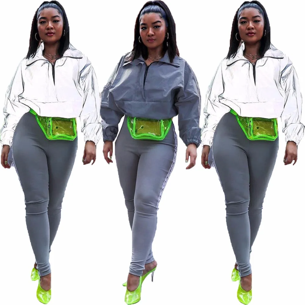 

Fashion Solid Color Patchwork Full Sleeve Style Reflective Fabric Zippers Turn-Down Collar Loose Casual Tops Sexy Hot Sell T3305