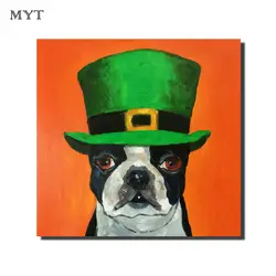 Забавные c Книги по искусству Ун абстрактного 100% ручной работы зеленая шляпа Собака Картина маслом на холсте животных Wall Книги по искусству
