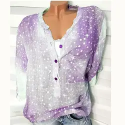 Женская блузка 2018 осень Базовая плюс размер с принтом пуговица для пуловера тонкая Мода o-образным вырезом Половина рукава женские рубашки