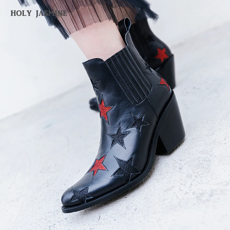 

2018 New brand shoes women ankle boots genuine leather high heels pointed toe black white shoes woman dress winter boots women