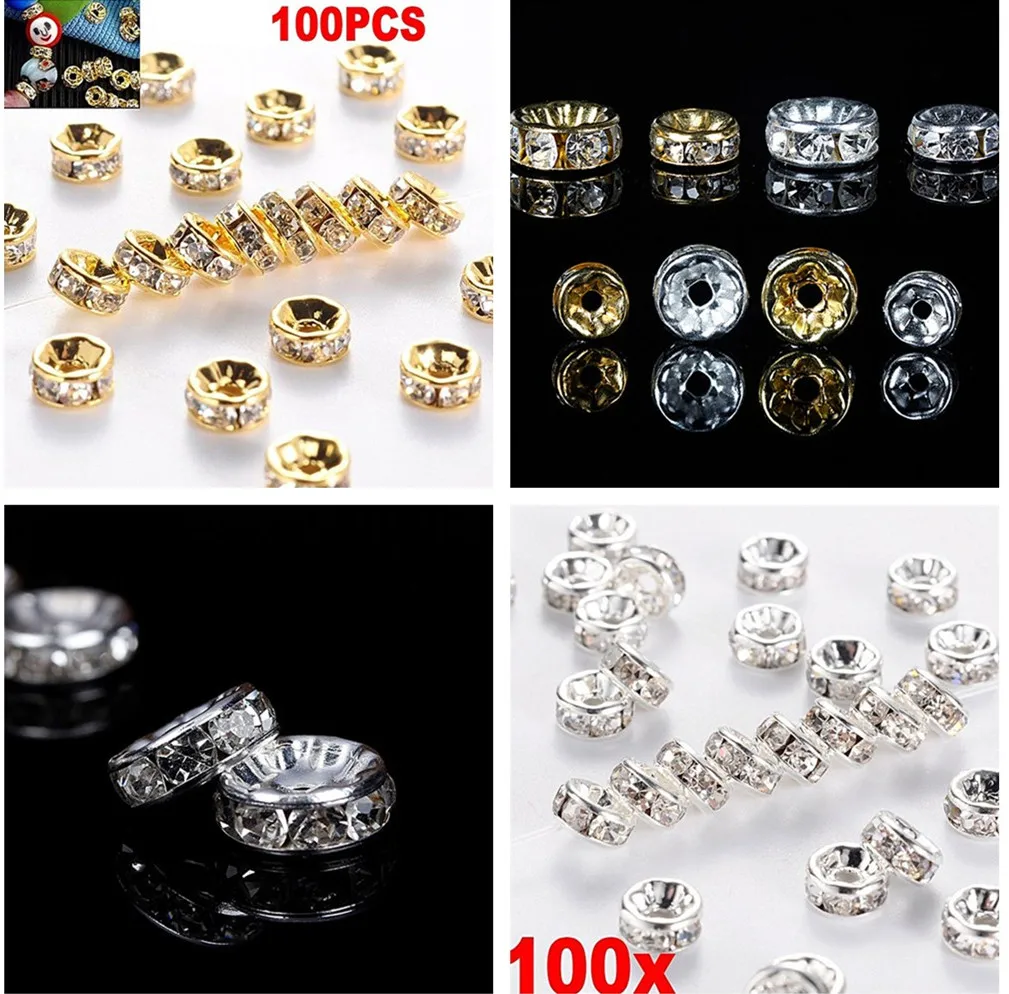 

100pcs 6/8mm Silver Color Rondelle Rhinestone AB Spacer Loose Crystal Beads For Jewelry Making Diy Bracelet Necklace Findings