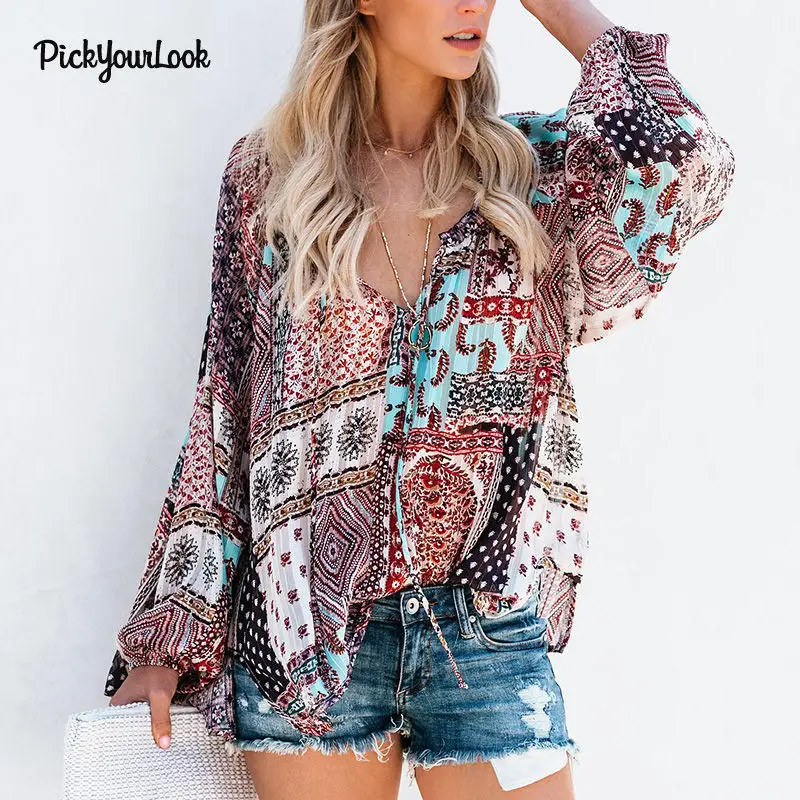 Pickyourlook Женские топы и блузки с длинным рукавом богемные пляжные свободные женские рубашки Блузка Boho Мода V образным вырезом Женские топы Blusas D35