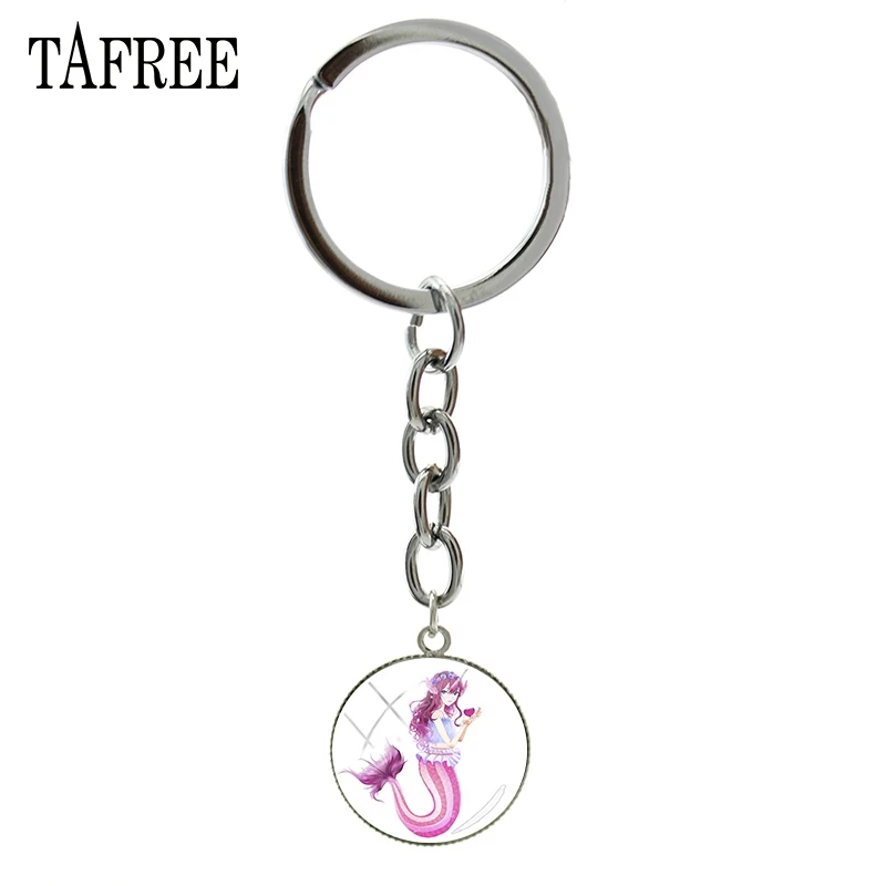 

TAFREE Vintage Mermaid Elves Image Key Chains Art Pendant Key Ring Glass Cabochon Keychain Key Holder Women Jewelry Best Gifts